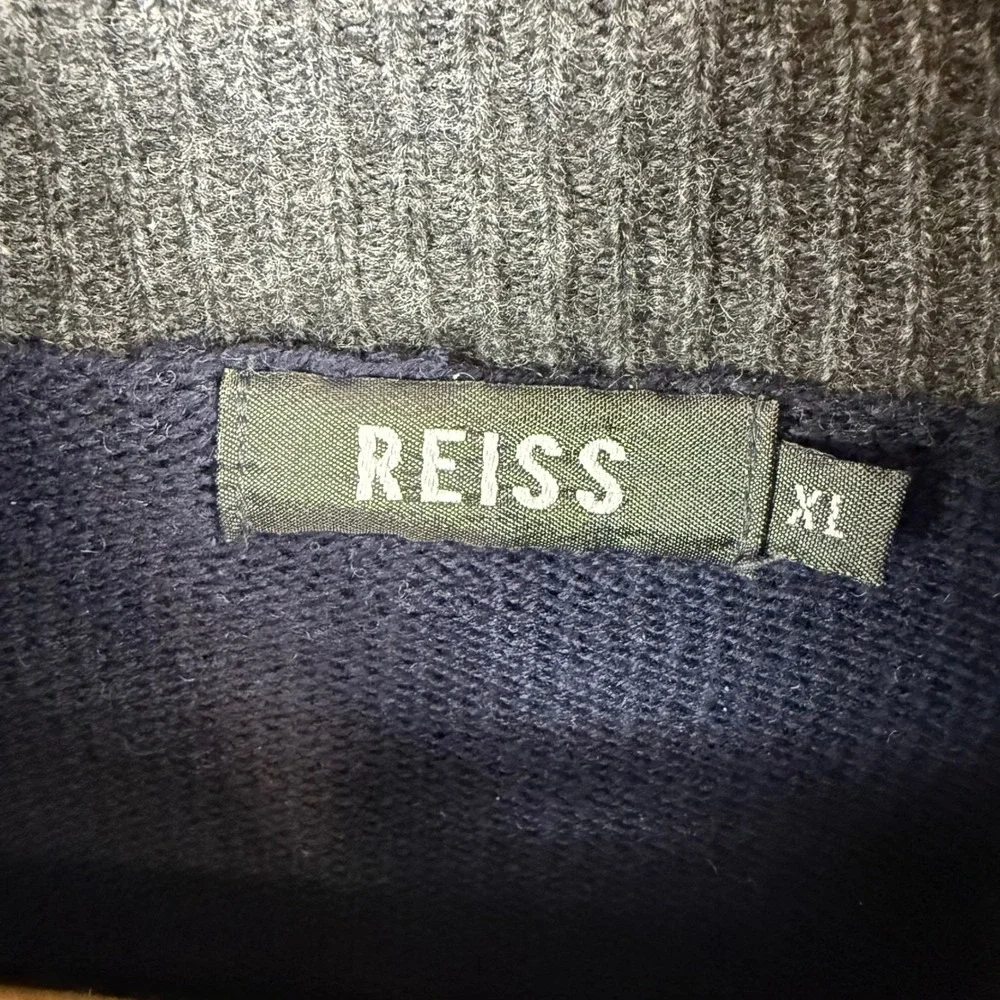 Reiss Mens XL Navy Blue Cotton Lambswool Cashmere Turtleneck Elbow Patch Sweater